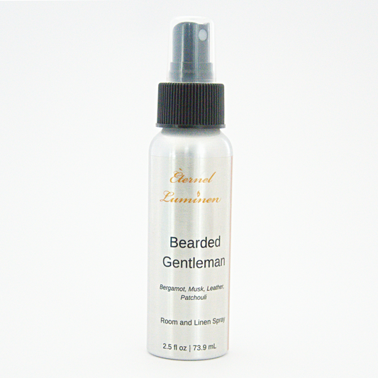 A 2.5oz Bearded Gentleman room & linen spray sitting against a white background made by Eternel Luminen.