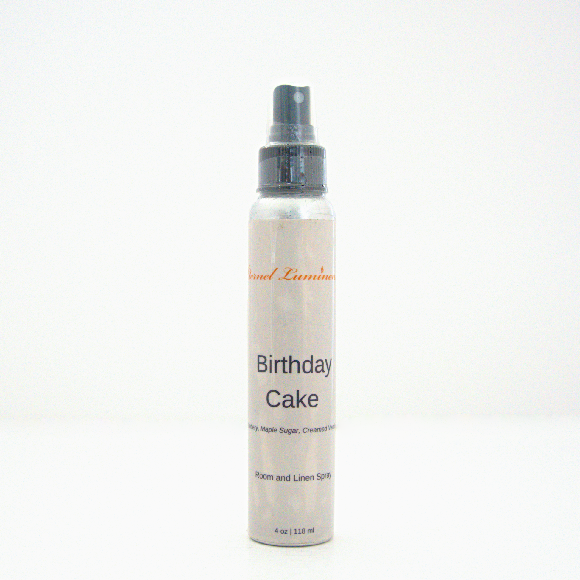 A 4oz Birthday Cake room & linen spray sitting against a white background made by Eternel Luminen.