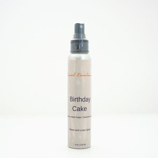A 4oz Birthday Cake room & linen spray sitting against a white background made by Eternel Luminen.