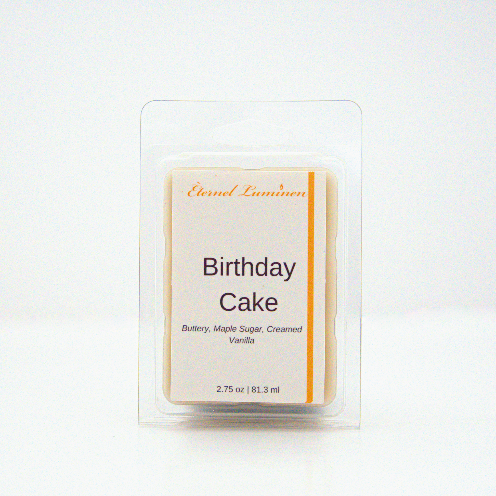 A 2.75 oz, 6 cube, birthday cake wax melt sitting against a white background made by Eternel Luminen.