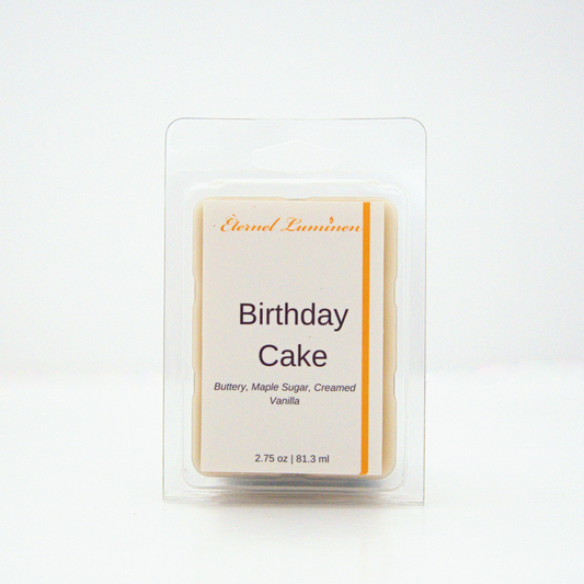 A 2.75 oz, 6 cube, birthday cake wax melt sitting against a white background made by Eternel Luminen.