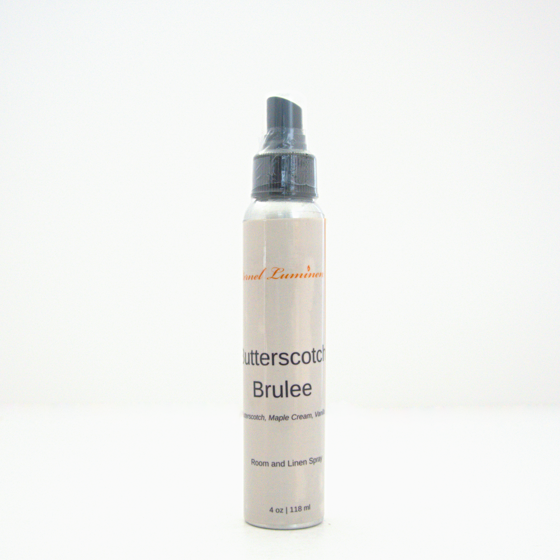 A 4oz Butterscotch Burlee room & linen spray sitting against a white background made by Eternel Luminen.