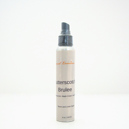 A 4oz Butterscotch Burlee room & linen spray sitting against a white background made by Eternel Luminen.
