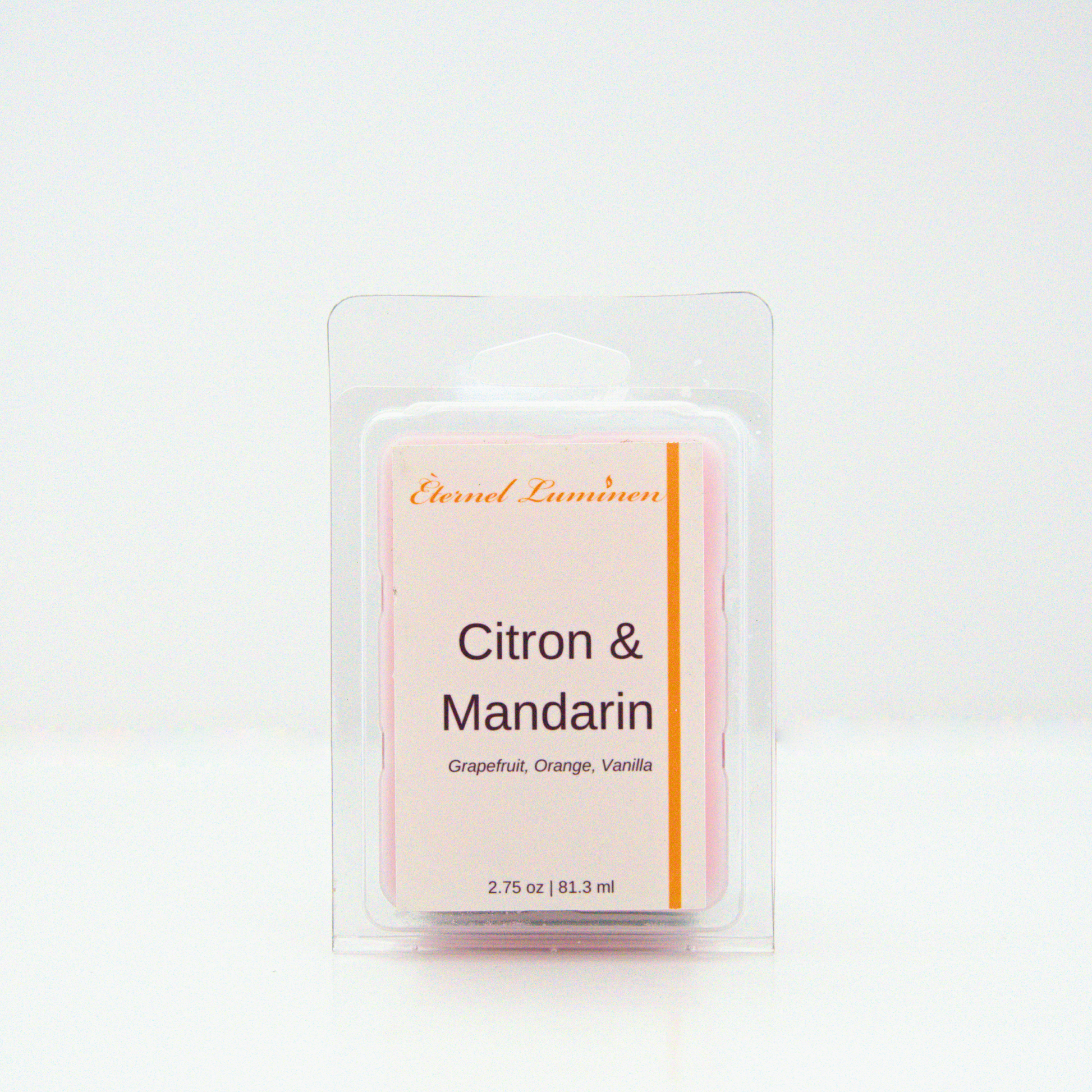 A 2.75 oz, 6 cube, citron & mandarin wax melt sitting against a white background made by Eternel Luminen.