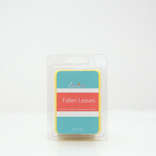 A 2.75 oz, 6 cube, Fallen leaves wax melt sitting against a white background made by Eternel Luminen.