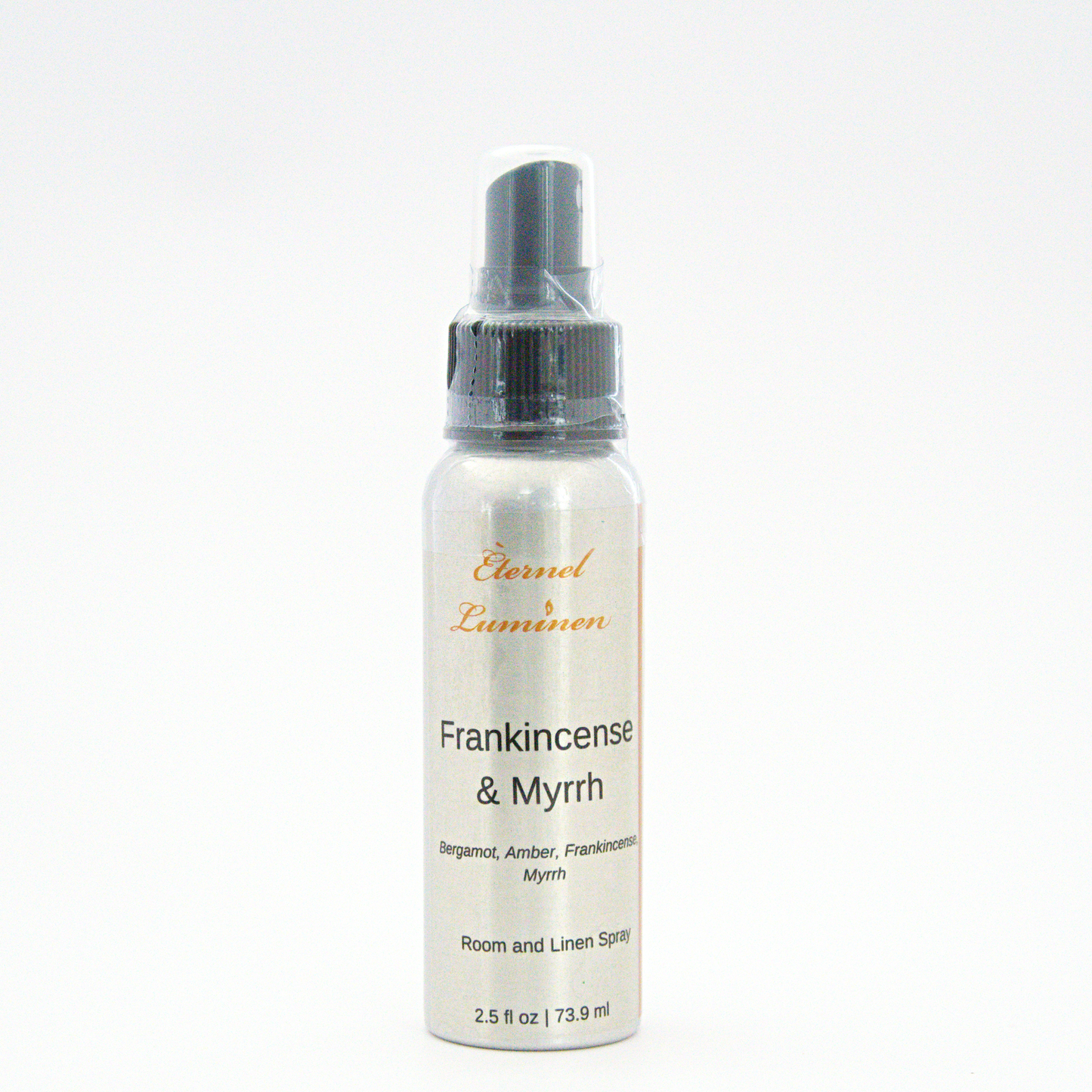 A 2.5oz Frankincense & Myrrh room & linen spray sitting against a white background made by Eternel Luminen.