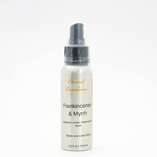 A 2.5oz Frankincense & Myrrh room & linen spray sitting against a white background made by Eternel Luminen.