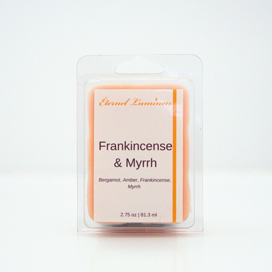 A 2.75 oz, 6 cube, frankincense & myrrh wax melt sitting against a white background made by Eternel Luminen.