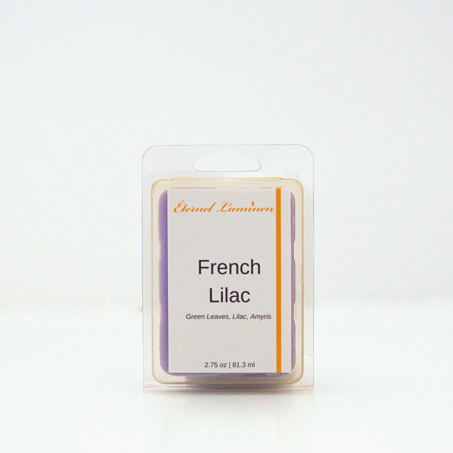 A 2.75 oz, 6 cube, french lilac wax melt sitting against a white background made by Eternel Luminen.