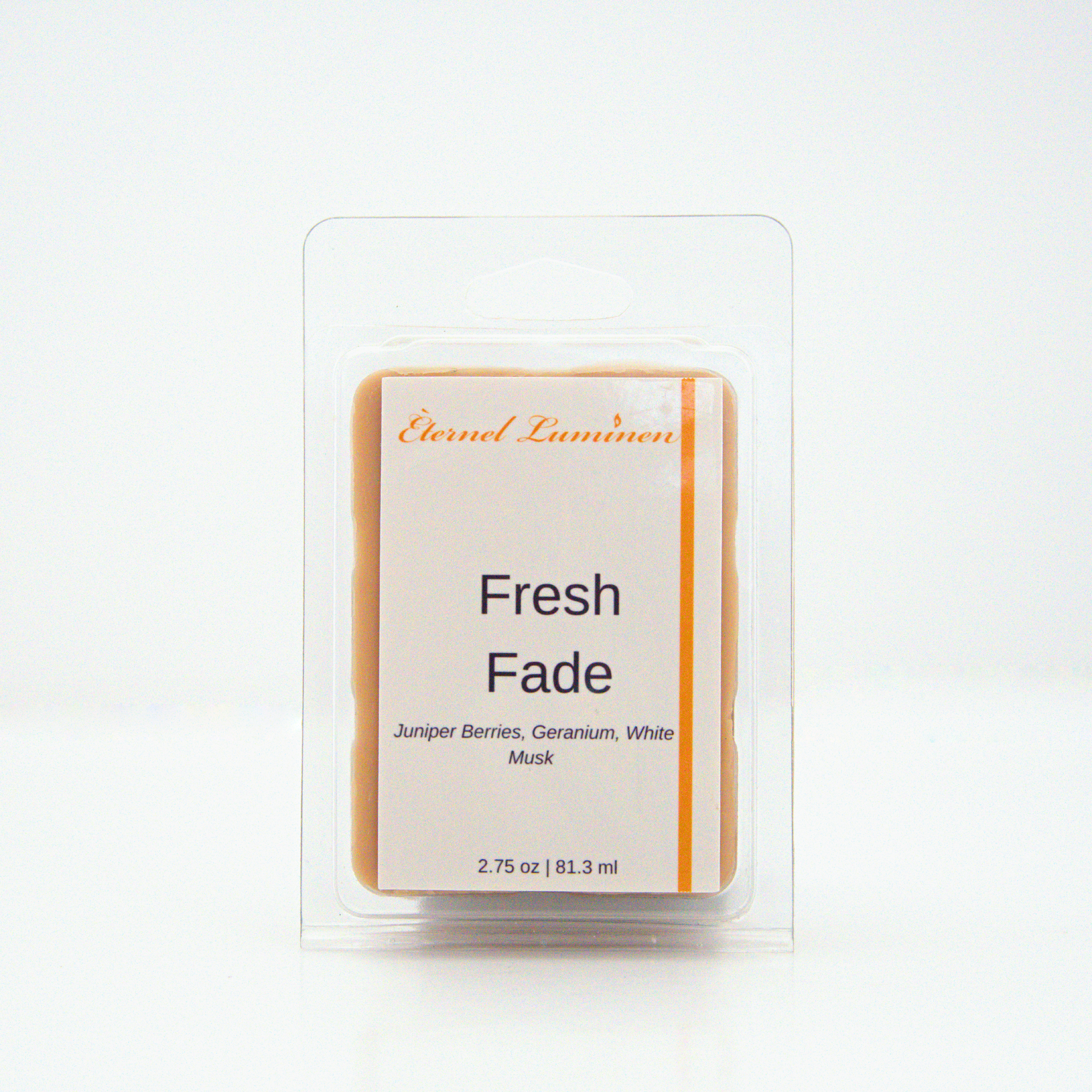 A 2.75 oz, 6 cube, fresh fade wax melt sitting against a white background made by Eternel Luminen.