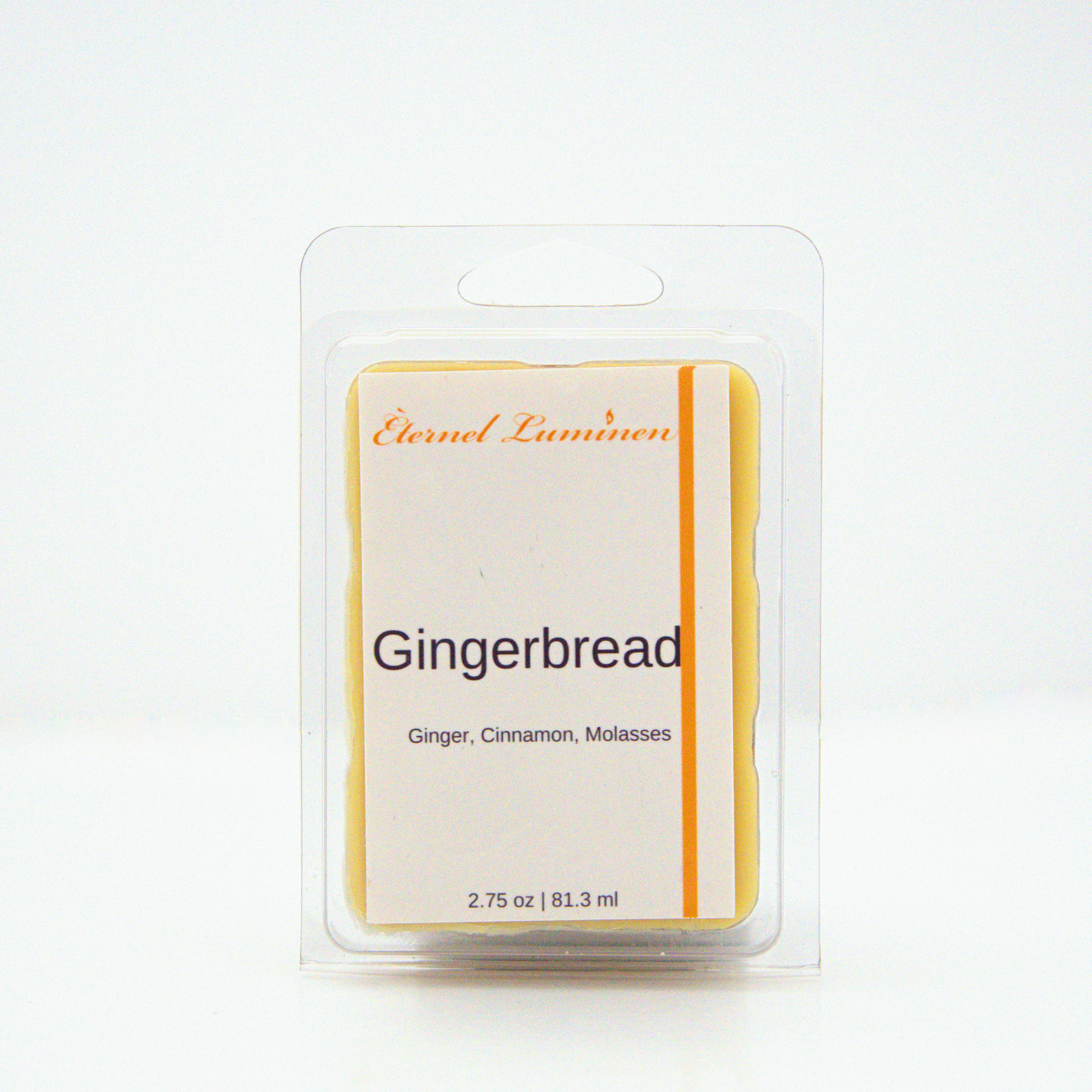 A 2.75 oz, 6 cube, gingerbread wax melt sitting against a white background made by Eternel Luminen.