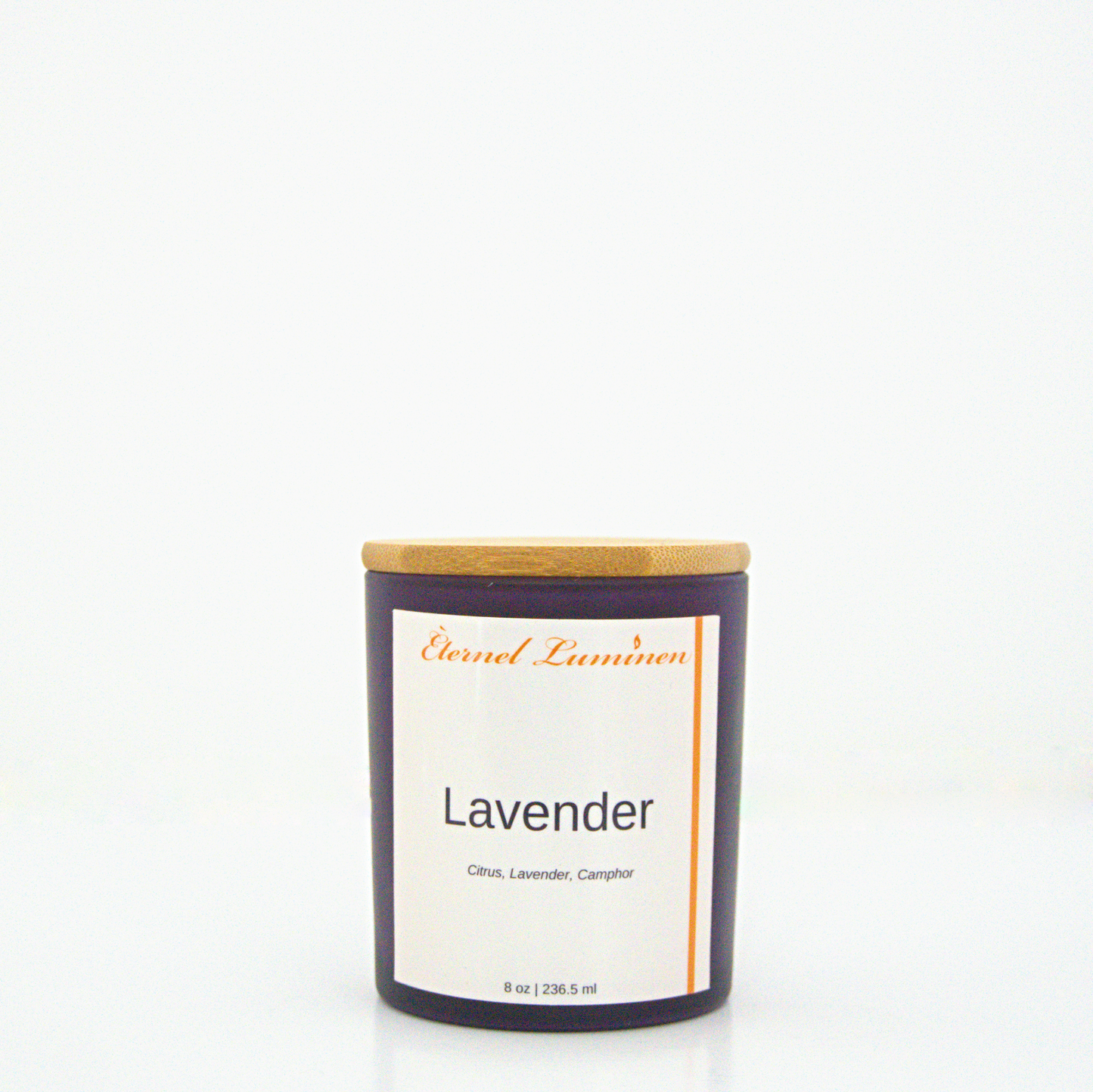 A 8 oz Lavender frosted candle with a wooden lid sitting against a white background made by Eternel Luminen.