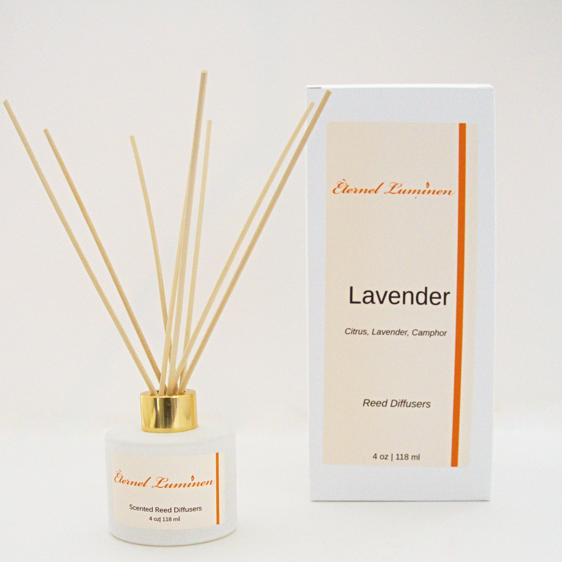A 4oz Lavender reed diffuser in a frosted white jar sitting against a white background made by Eternel Luminen