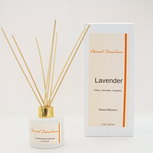 A 4oz Lavender reed diffuser in a frosted white jar sitting against a white background made by Eternel Luminen
