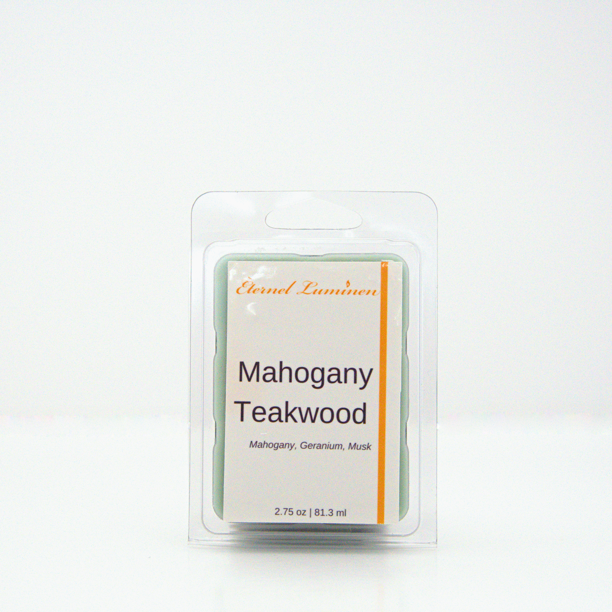 A 2.75 oz, 6 cube, mahogany teakwood wax melt sitting against a white background made by Eternel Luminen.