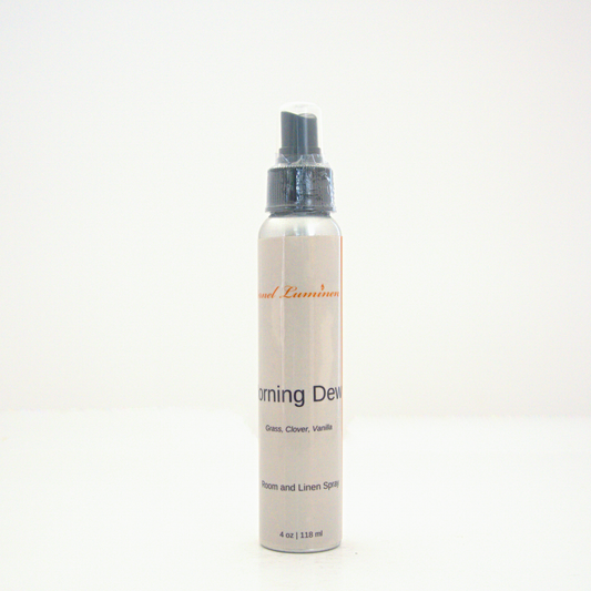 A 4oz Morning Dew room & linen spray sitting against a white background made by Eternel Luminen.