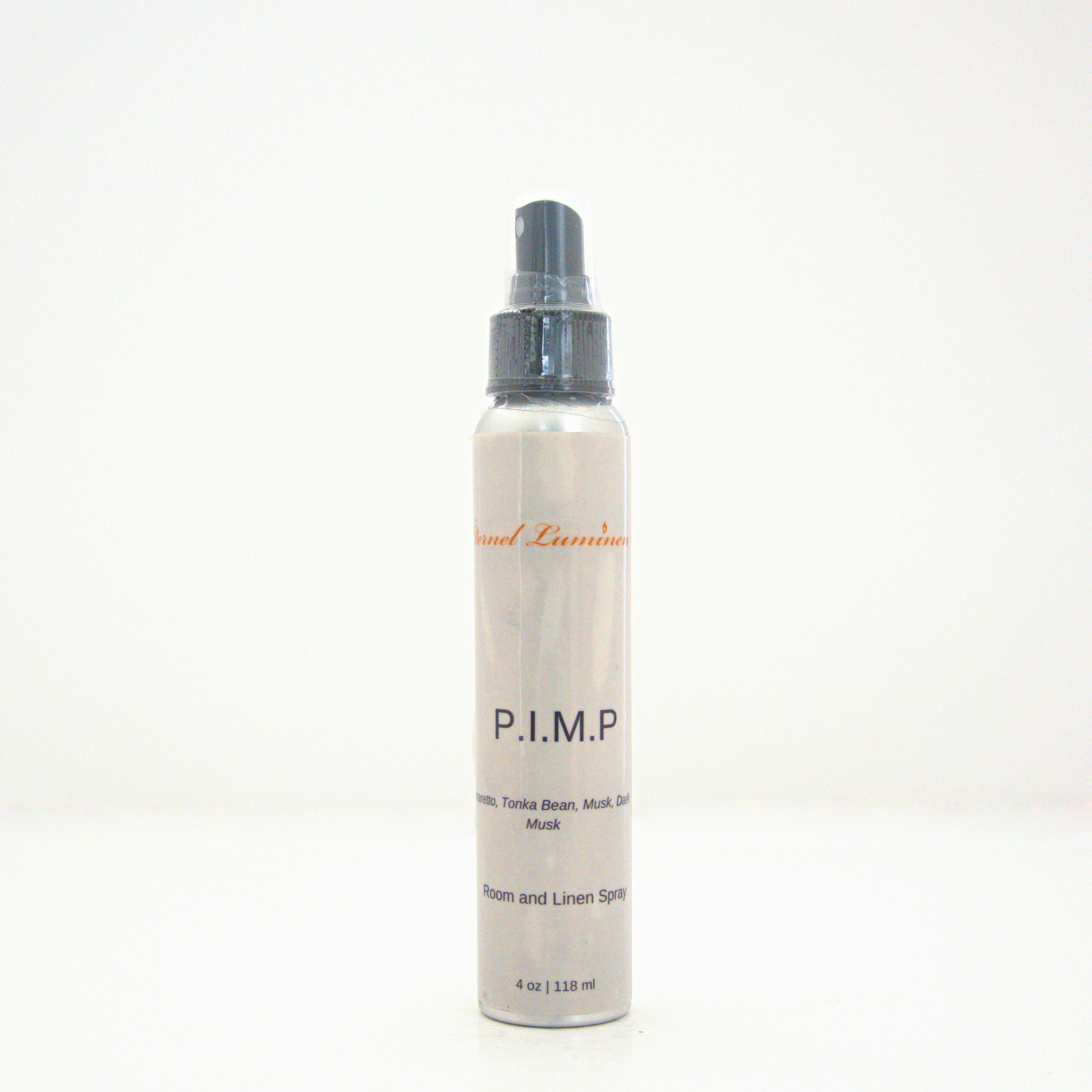 A 4oz P.I.M.P room & linen spray sitting against a white background made by Eternel Luminen.