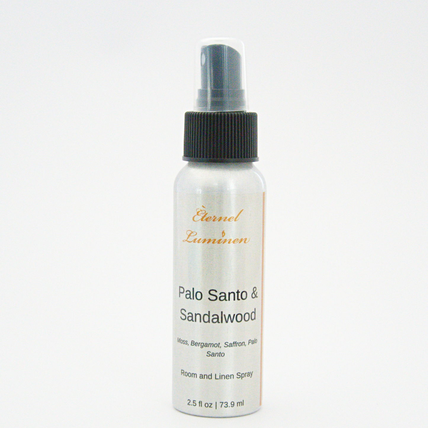 A 2.5oz Palo Santo & Sandalwood room & linen spray sitting against a white background made by Eternel Luminen.