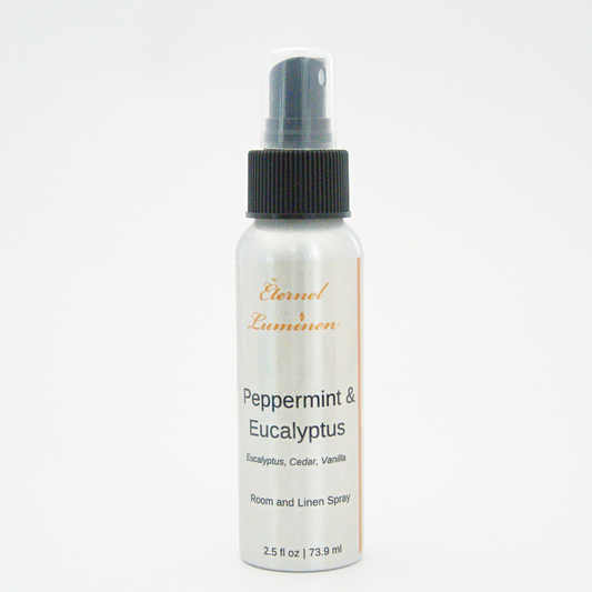 A 2.5oz Peppermint & Eucalyptus room & linen spray sitting against a white background.
