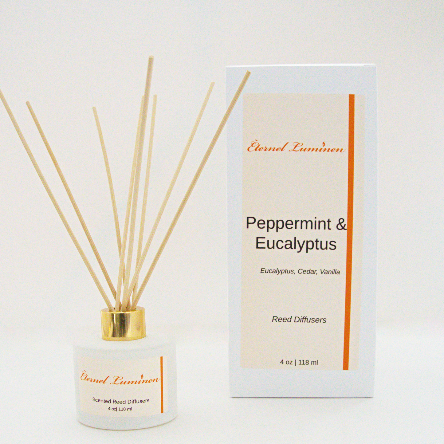 A 4oz Peppermint & Eucalyptus reed diffuser in a frosted white jar sitting against a white background made by Eternel Luminen