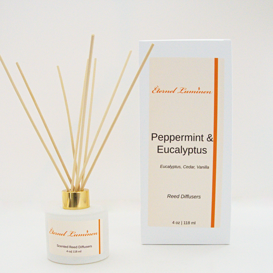 A 4oz Peppermint & Eucalyptus reed diffuser in a frosted white jar sitting against a white background made by Eternel Luminen