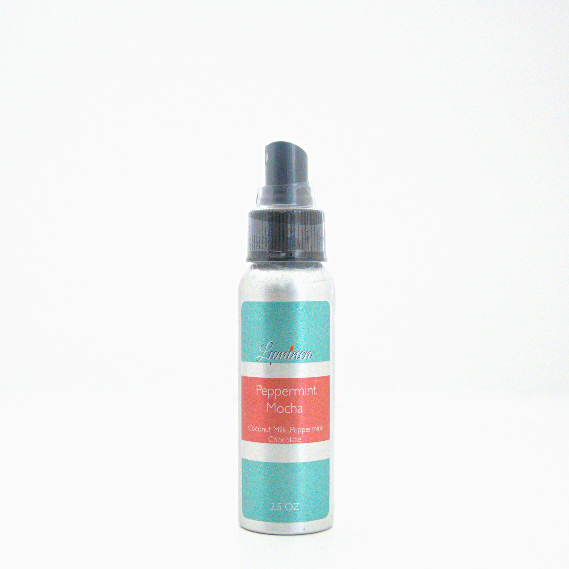 A 2.5oz Peppermint Mocha room & linen spray sitting against a white background made by Eternel Luminen.