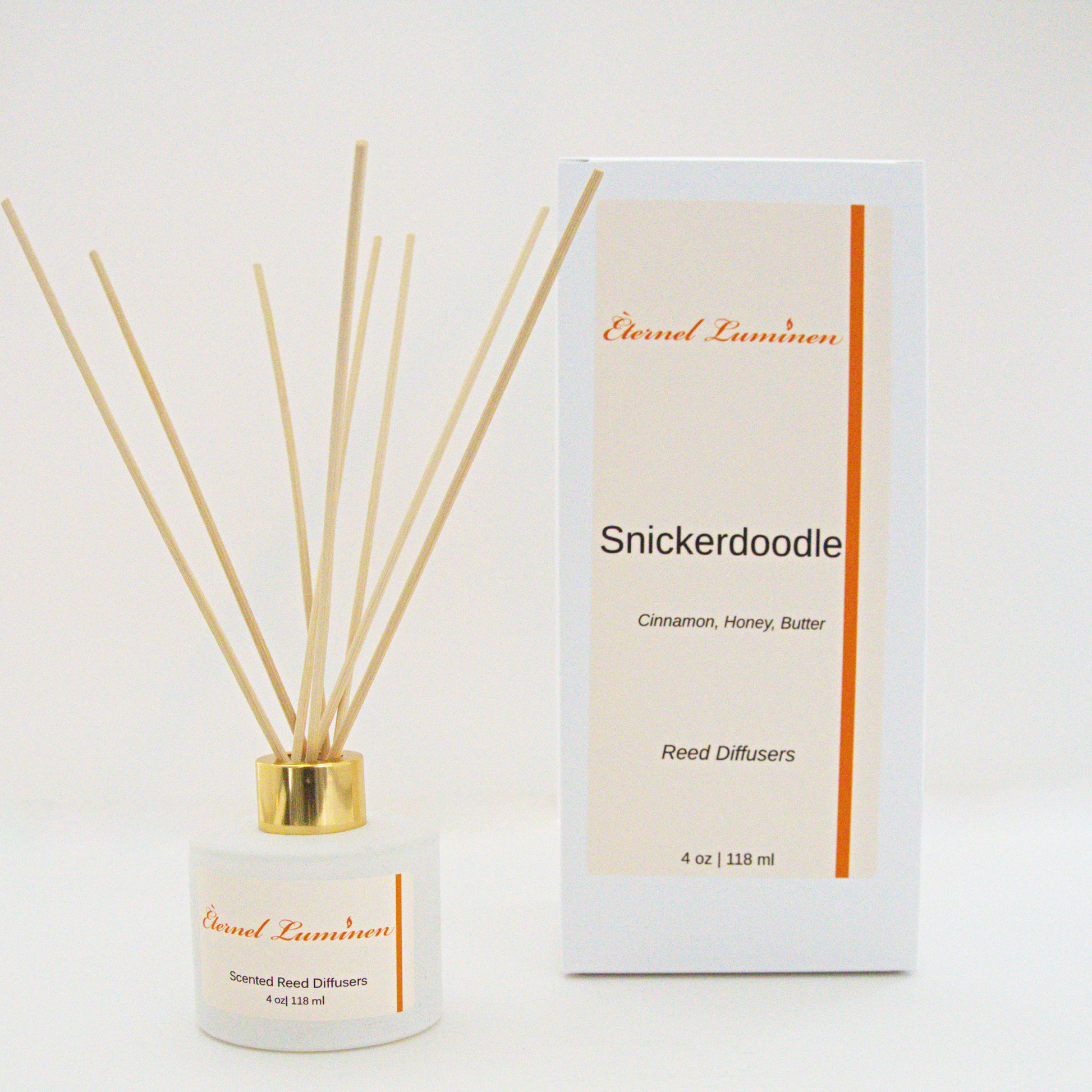 A 4oz Snickerdoodle reed diffuser in a frosted white jar sitting against a white background made by Eternel Luminen