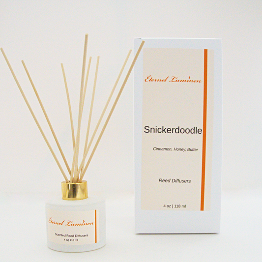 A 4oz Snickerdoodle reed diffuser in a frosted white jar sitting against a white background made by Eternel Luminen
