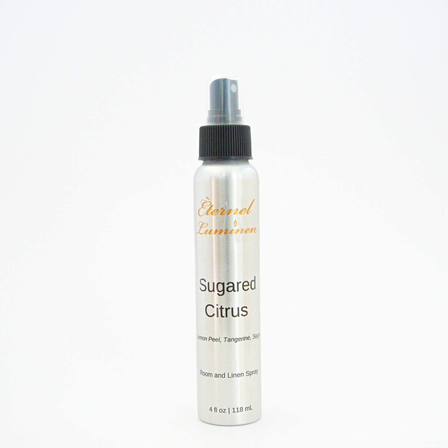 A 4oz Sugared Citrus room & linen spray sitting against a white background made by Eternel Luminen.
