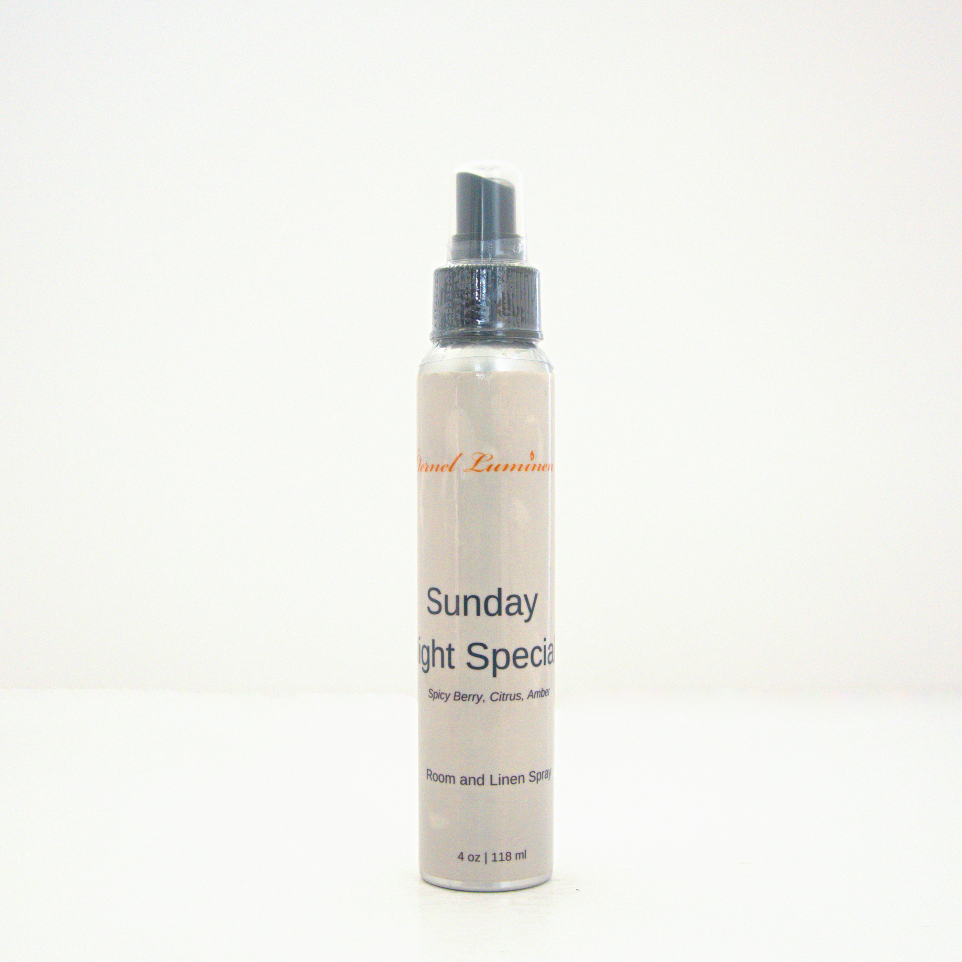 A 4oz Sunday Night Special room & linen spray sitting against a white background made by Eternel Luminen.
