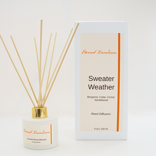 A 4oz Sweater Weather reed diffuser in a frosted white jar sitting against a white background made by Eternel Luminen
