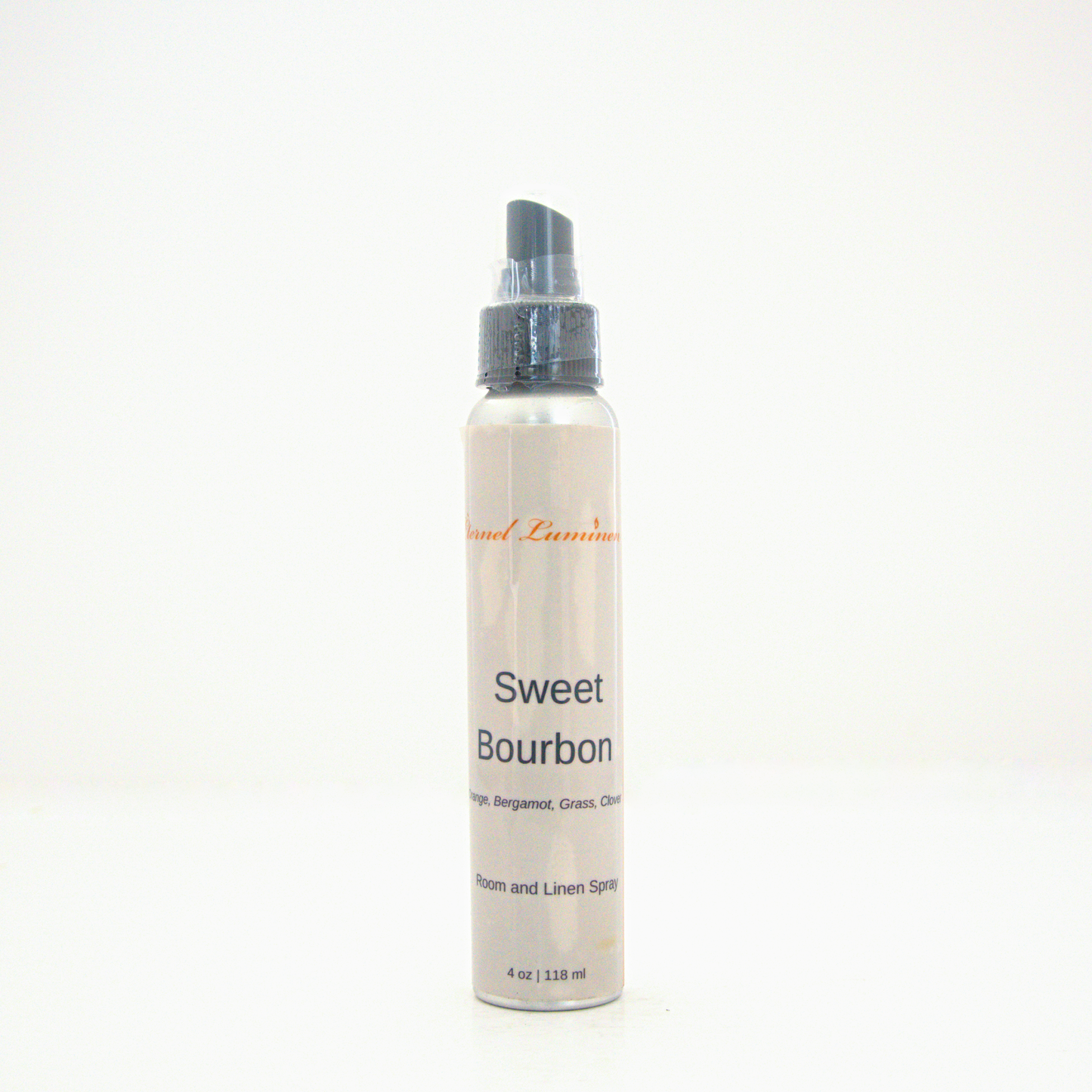 A 4oz Sweet Bourbon room & linen spray sitting against a white background made by Eternel Luminen.