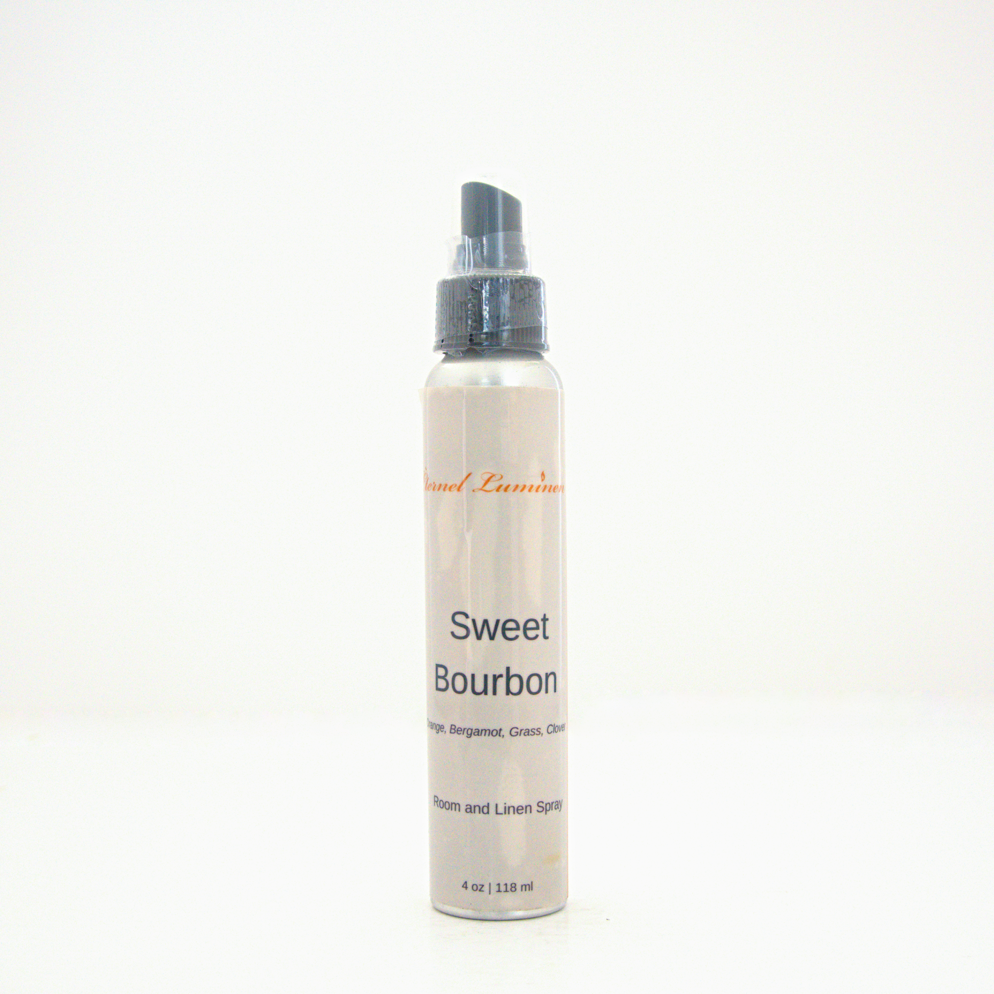 A 4oz Sweet Bourbon room & linen spray sitting against a white background made by Eternel Luminen.