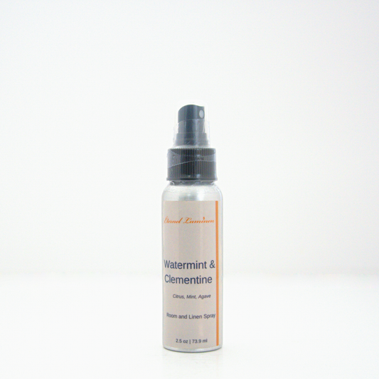 A 2.5oz Watermint & Clementine room & linen spray sitting against a white background made by Eternel Luminen.