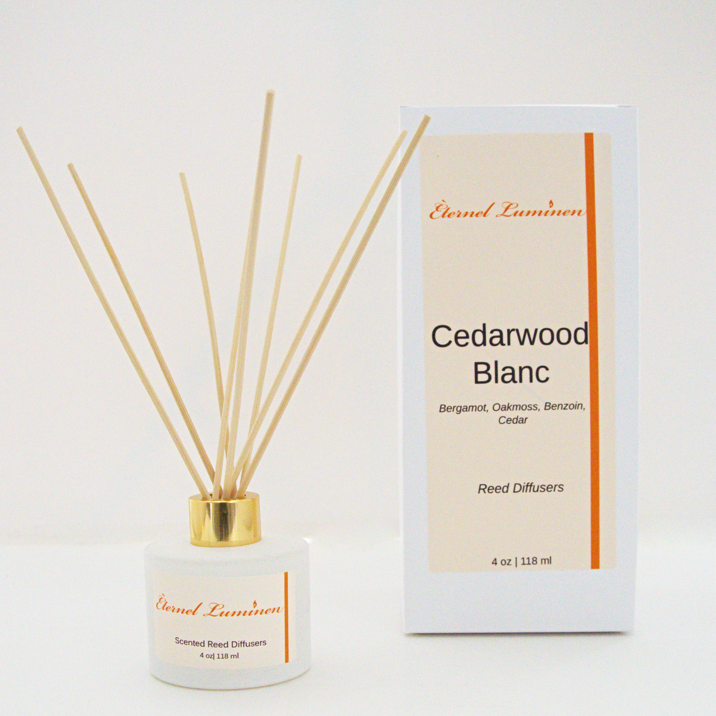 A 4oz Cedarwood Blanc reed diffuser in a frosted white jar sitting against a white background made by Eternel Luminen