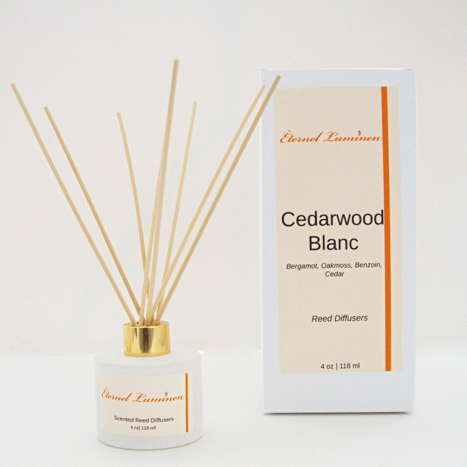 A 4oz Cedarwood Blanc reed diffuser in a frosted white jar sitting against a white background made by Eternel Luminen