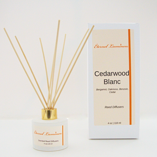 A 4oz Cedarwood Blanc reed diffuser in a frosted white jar sitting against a white background made by Eternel Luminen