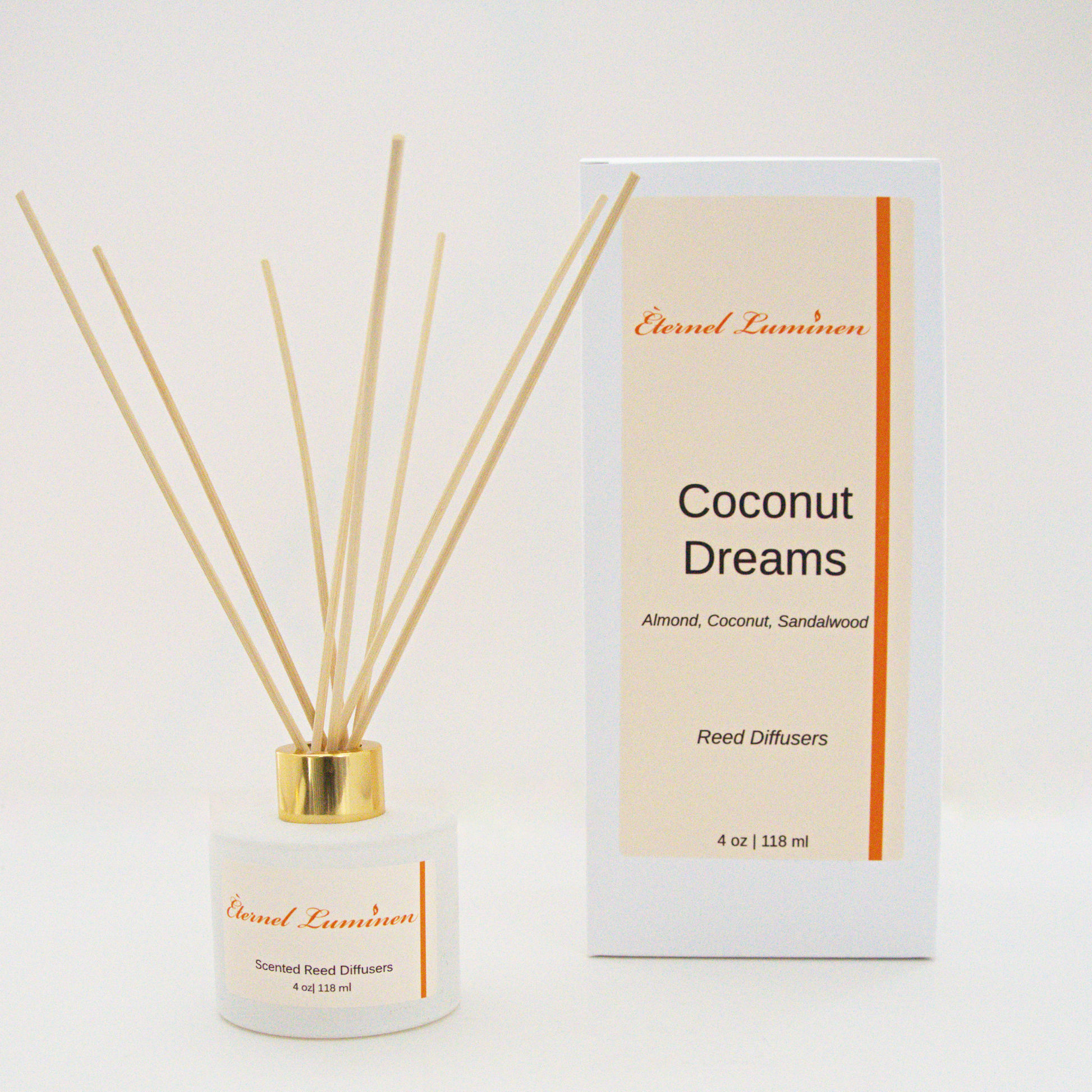 A 4oz Coconut Dreams reed diffuser in a frosted white jar sitting against a white background made by Eternel Luminen