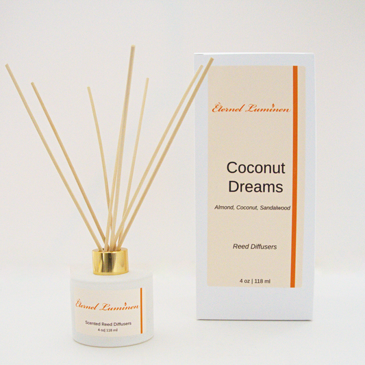 A 4oz Coconut Dreams reed diffuser in a frosted white jar sitting against a white background made by Eternel Luminen