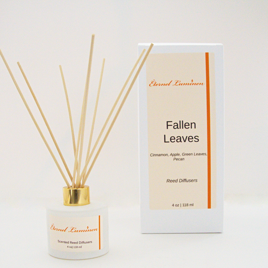 A 4oz Fallen Leaves reed diffuser in a frosted white jar sitting against a white background made by Eternel Luminen
