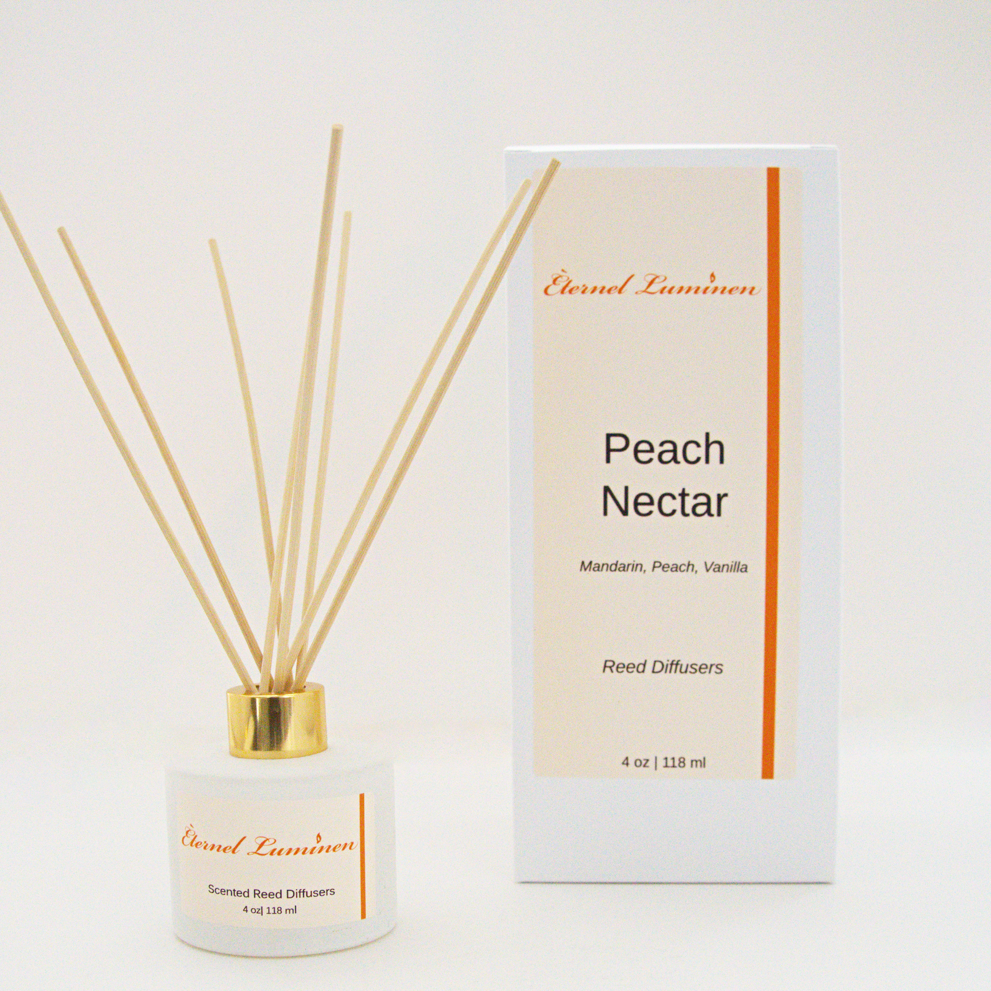 A 4oz Peach Nectar reed diffuser in a frosted white jar sitting against a white background made by Eternel Luminen