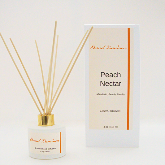 A 4oz Peach Nectar reed diffuser in a frosted white jar sitting against a white background made by Eternel Luminen