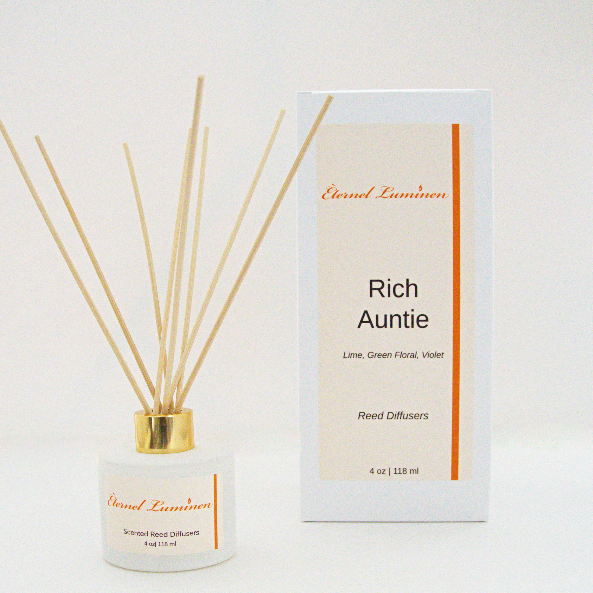 A 4oz Rich Auntie reed diffuser in a frosted white jar sitting against a white background made by Eternel Luminen
