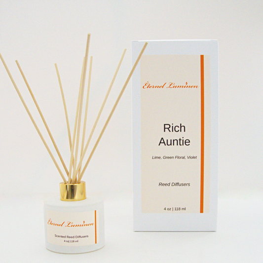 A 4oz Rich Auntie reed diffuser in a frosted white jar sitting against a white background made by Eternel Luminen