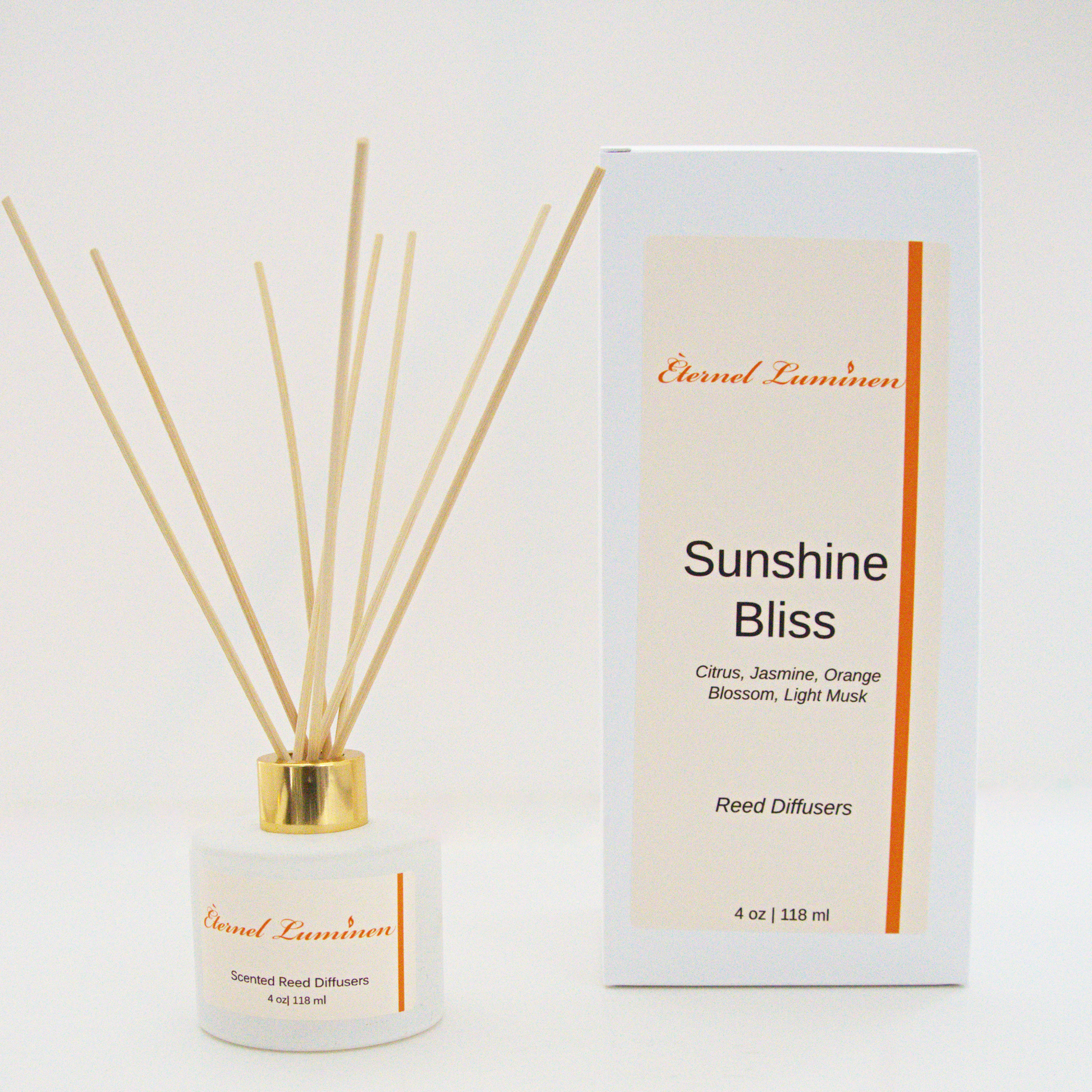 A 4oz Sunshine Bliss reed diffuser in a frosted white jar sitting against a white background made by Eternel Luminen