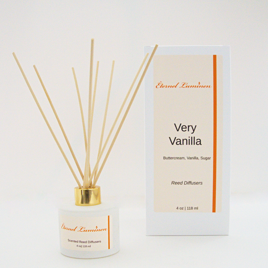 A 4oz Very Vanilla reed diffuser in a frosted white jar sitting against a white background made by Eternel Luminen