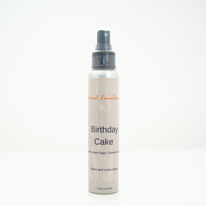 A 4oz Birthday Cake room & linen spray sitting against a white background made by Eternel Luminen.