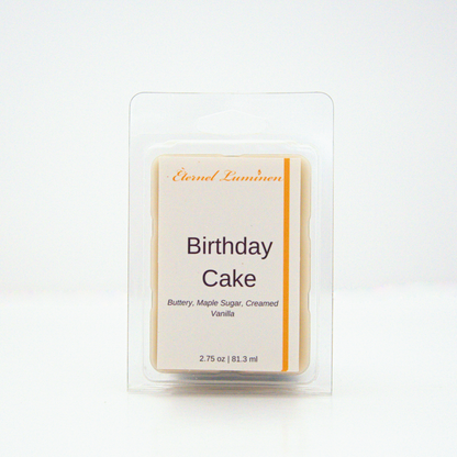 A 2.75 oz, 6 cube, birthday cake wax melt sitting against a white background made by Eternel Luminen.