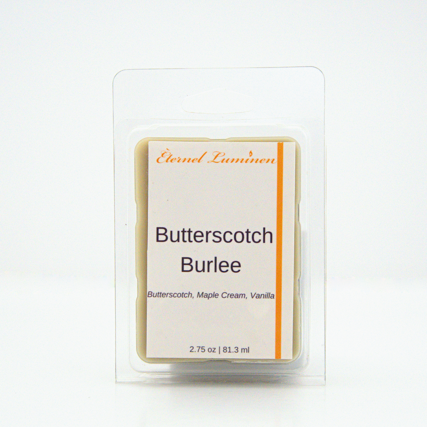 A 2.75 oz, 6 cube, Butterscotch brulee  wax melt sitting against a white background made by Eternel Luminen.