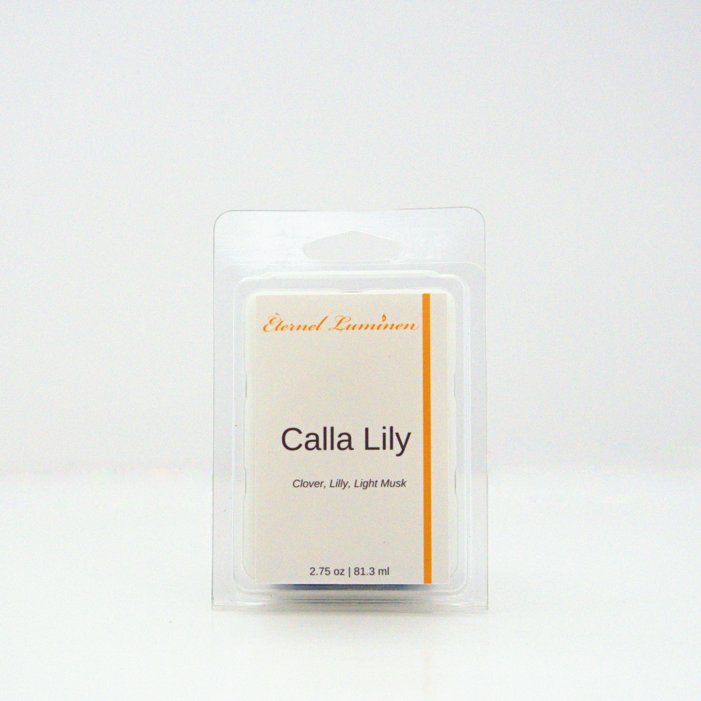 A 2.75 oz, 6 cube, calla lily wax melt sitting against a white background made by Eternel Luminen.